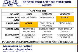 Nos menus du jour pour avril 2026 - Popote roulante de Thetford Mines