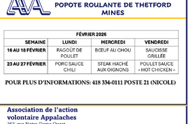 Nos menus du jour pour février 2026 - Popote roulante de Thetford Mines